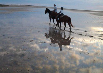 One boy and little girl riding horses on the beach