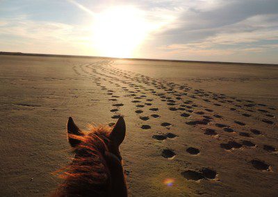 Rider's perspective of a horseback journey across a vast beach at sunset.